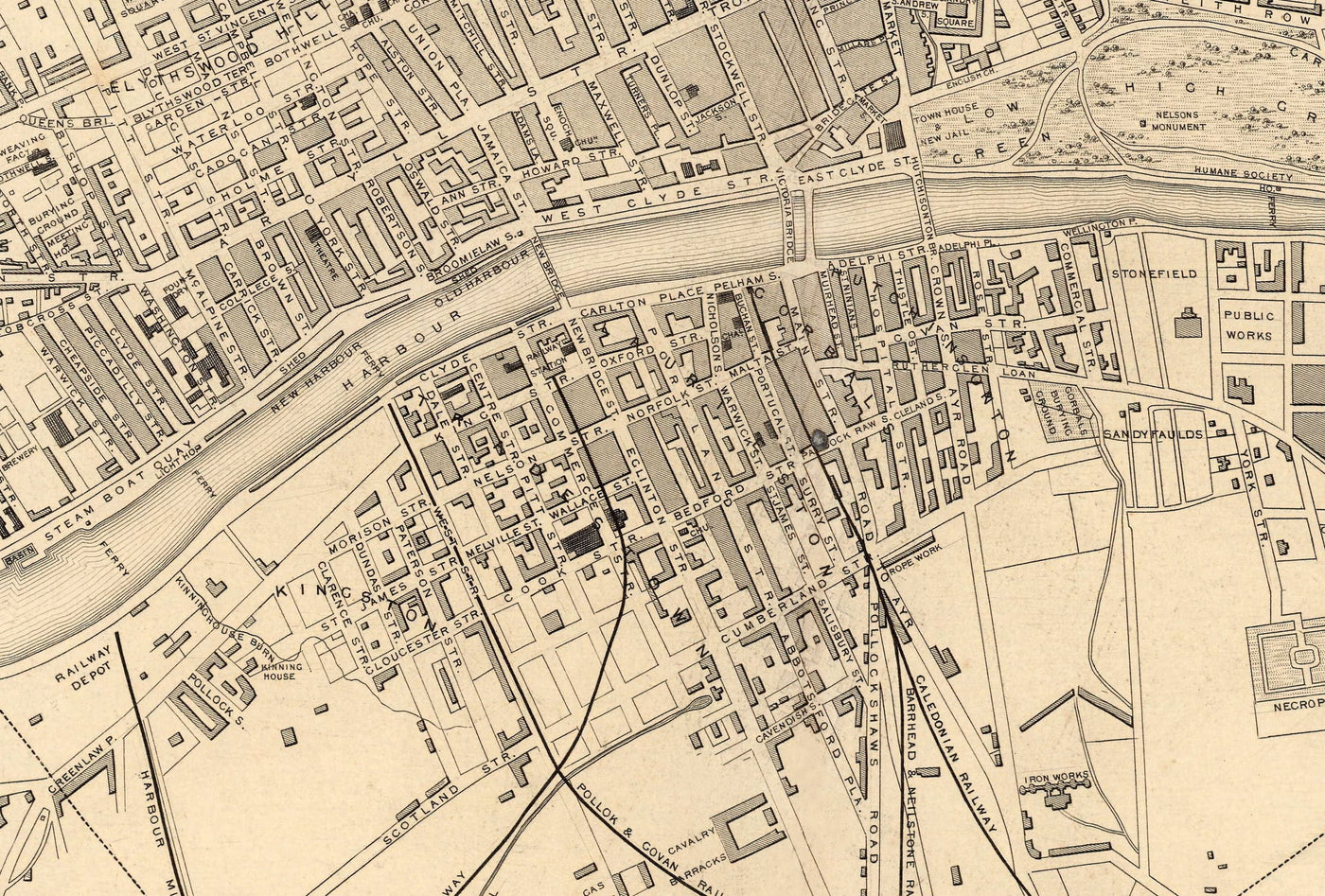 Old Map of Glasgow, 1851 by Tallis & Rapkin - River Clyde, Argyle St, Central, University