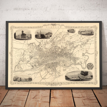 Vecchia mappa di Glasgow, 1851 di Tallis & Rapkin - Fiume Clyde, Argyle St, Centro, Università 
