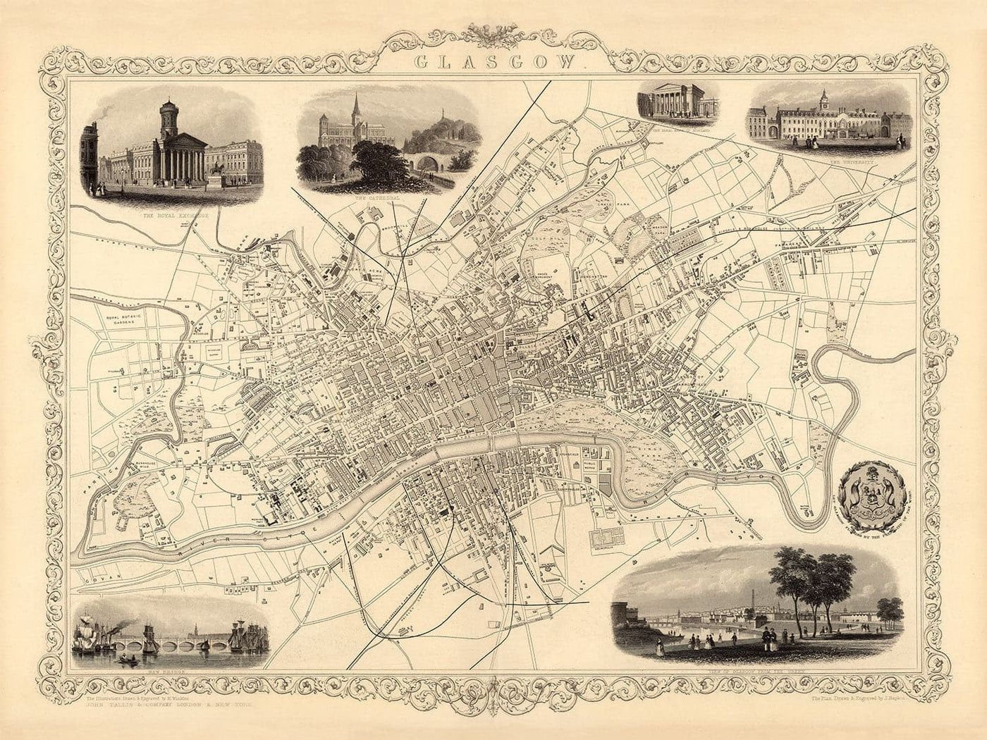 Old Map of Glasgow, 1851 by Tallis & Rapkin - River Clyde, Argyle St, Central, University