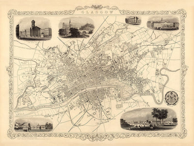 Old Map of Glasgow, 1851 by Tallis & Rapkin - River Clyde, Argyle St, Central, University