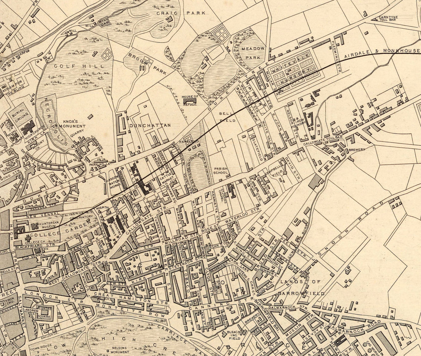 Old Map of Glasgow, 1851 by Tallis & Rapkin - River Clyde, Argyle St, Central, University
