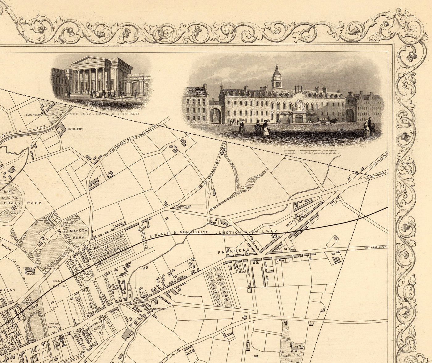 Old Map of Glasgow, 1851 by Tallis & Rapkin - River Clyde, Argyle St, Central, University