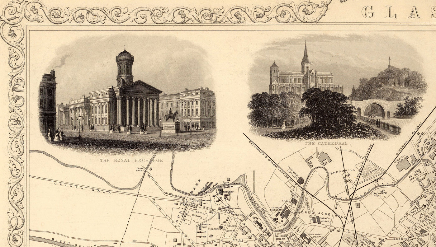 Old Map of Glasgow, 1851 by Tallis & Rapkin - River Clyde, Argyle St, Central, University