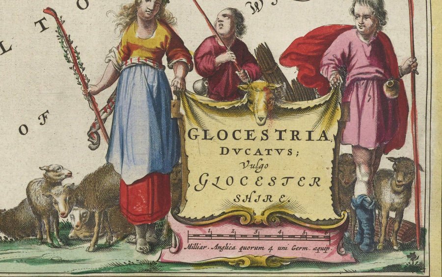 Mappa antica del Gloucestershire nel 1665 di Joan Blaeu - Bristol, Cheltenham, Gloucester, Kingswood, Filton, Stroud 
