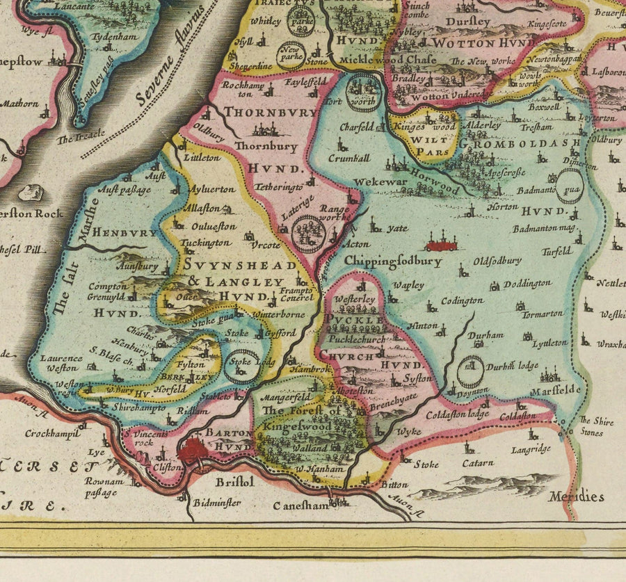 Mappa antica del Gloucestershire nel 1665 di Joan Blaeu - Bristol, Cheltenham, Gloucester, Kingswood, Filton, Stroud 
