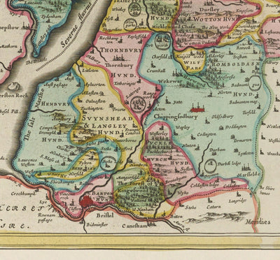 Old Map of Gloucestershire in 1665 by Joan Blaeu - Bristol, Cheltenham, Gloucester, Kingswood, Filton, Stroud