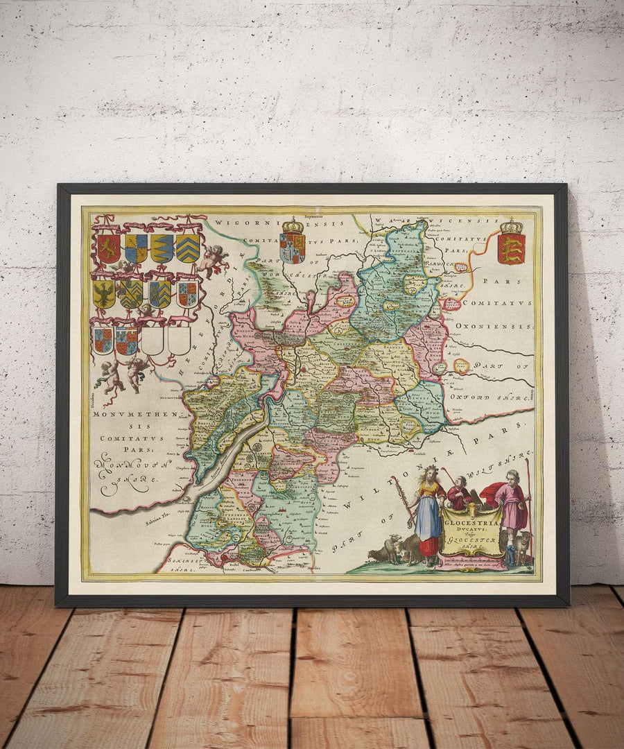 Mappa antica del Gloucestershire nel 1665 di Joan Blaeu - Bristol, Cheltenham, Gloucester, Kingswood, Filton, Stroud 