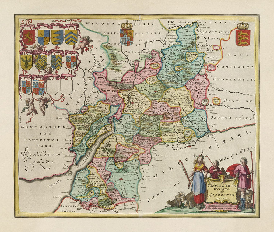 Mappa antica del Gloucestershire nel 1665 di Joan Blaeu - Bristol, Cheltenham, Gloucester, Kingswood, Filton, Stroud 