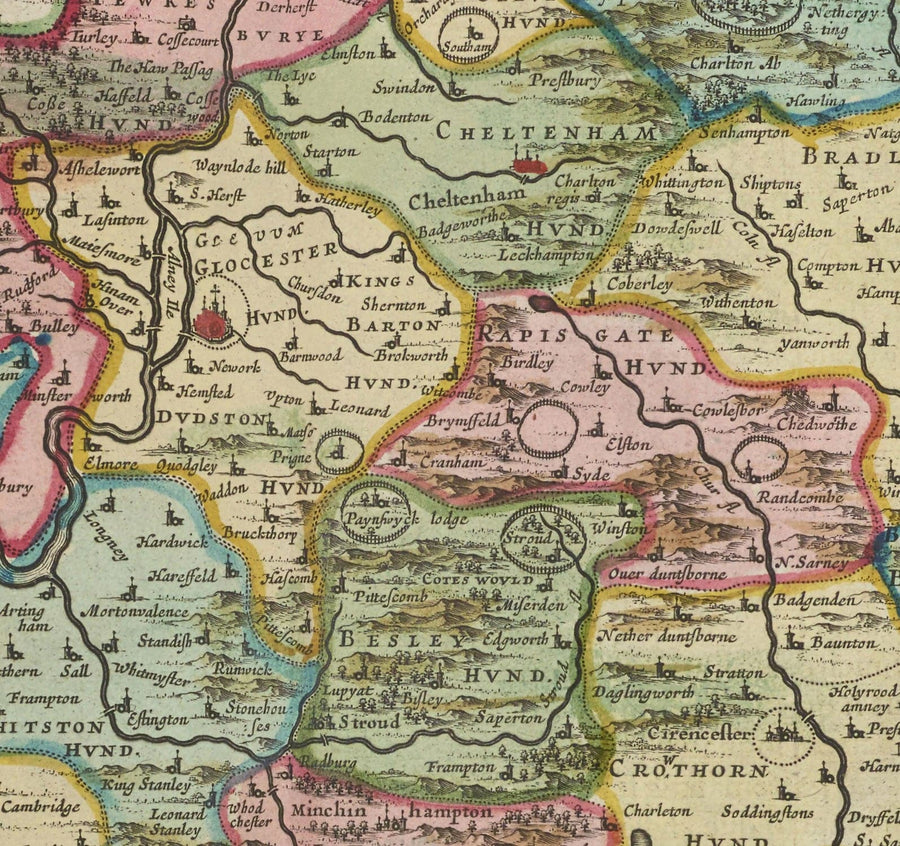 Mappa antica del Gloucestershire nel 1665 di Joan Blaeu - Bristol, Cheltenham, Gloucester, Kingswood, Filton, Stroud 