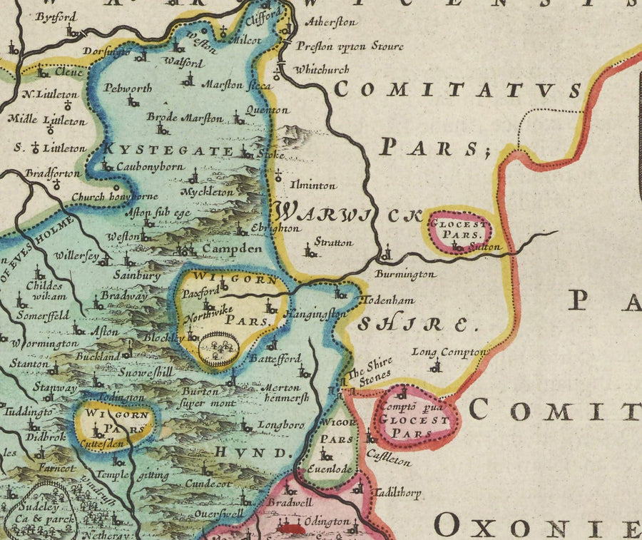 Mappa antica del Gloucestershire nel 1665 di Joan Blaeu - Bristol, Cheltenham, Gloucester, Kingswood, Filton, Stroud 