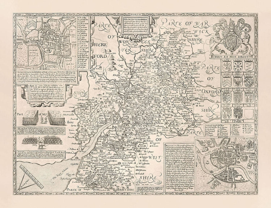 Ancienne carte de Gloucestershire, 1611 par John Speed ​​- Bristol, Cheltenham, Gloucester, Kingswood, Filton, Sud