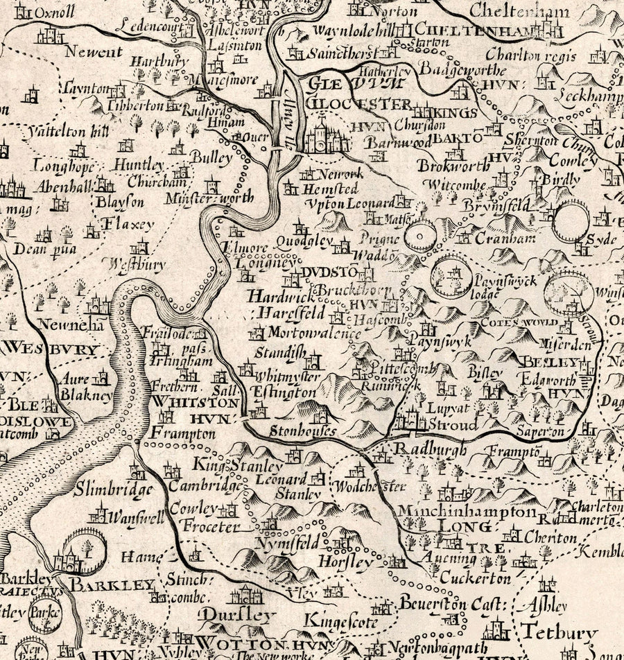 Ancienne carte de Gloucestershire, 1611 par John Speed ​​- Bristol, Cheltenham, Gloucester, Kingswood, Filton, Sud