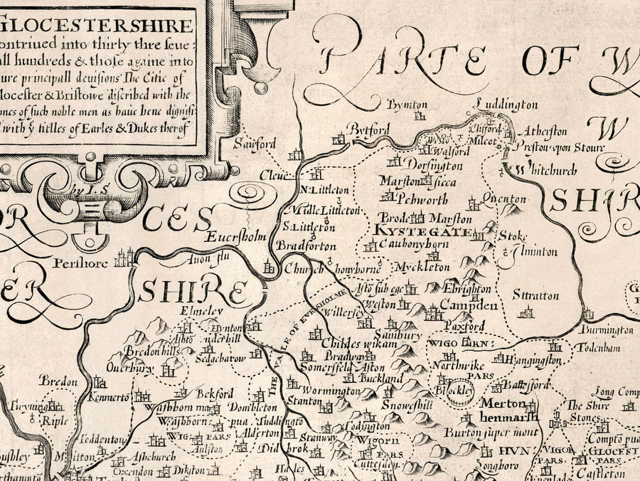 Ancienne carte de Gloucestershire, 1611 par John Speed ​​- Bristol, Cheltenham, Gloucester, Kingswood, Filton, Sud