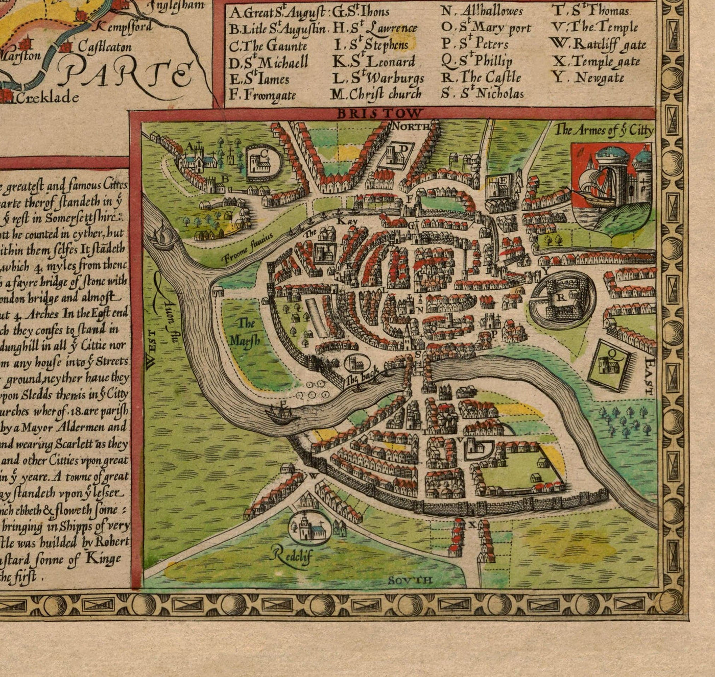 Old Map of Gloucestershire, 1611, John Speed - Bristol, Cheltenham, Gloucester, Kingswood, Filton
