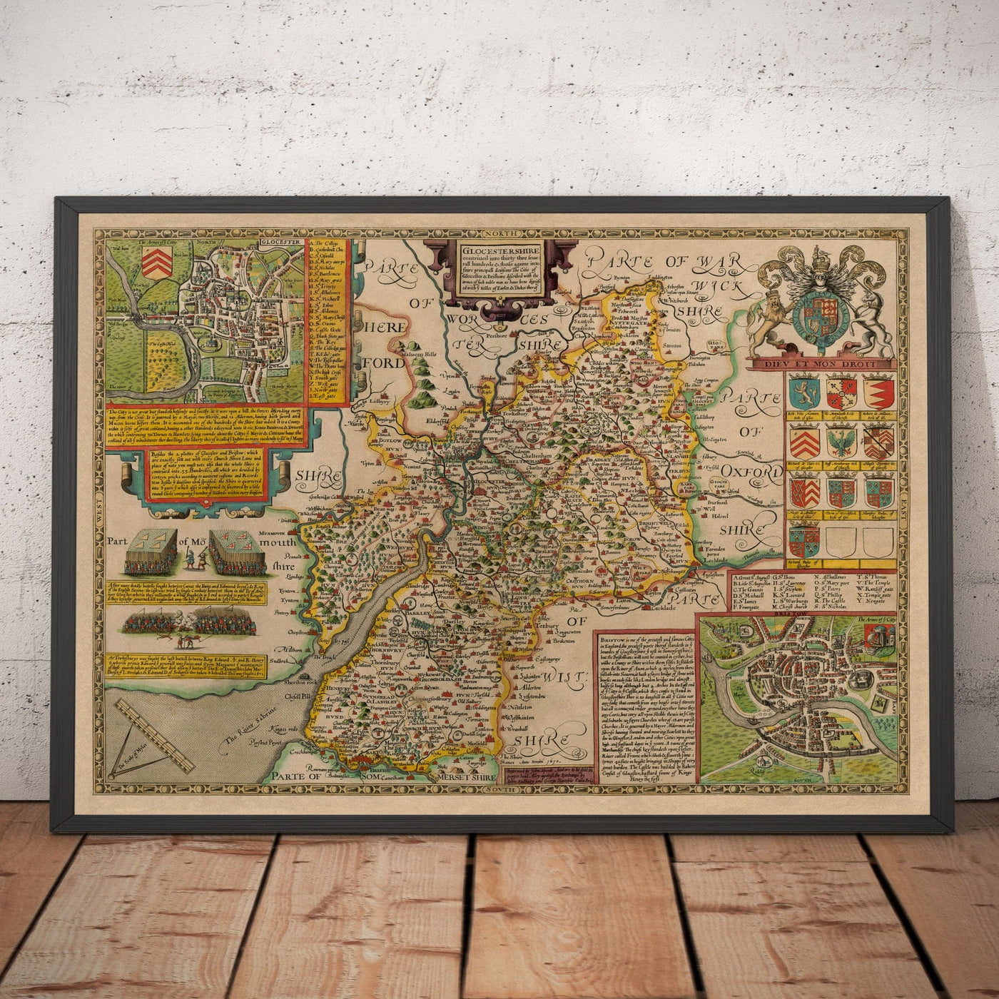 Old Map of Gloucestershire, 1611, John Speed - Bristol, Cheltenham, Gloucester, Kingswood, Filton