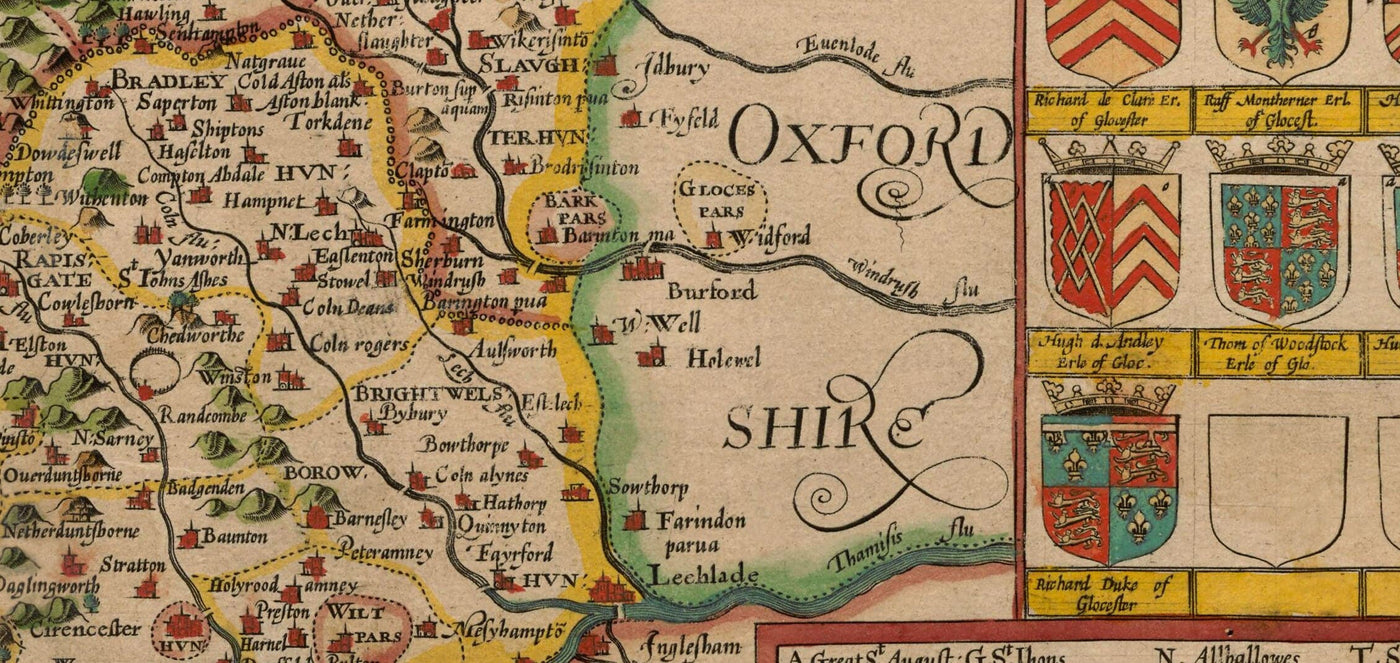 Old Map of Gloucestershire, 1611, John Speed - Bristol, Cheltenham, Gloucester, Kingswood, Filton