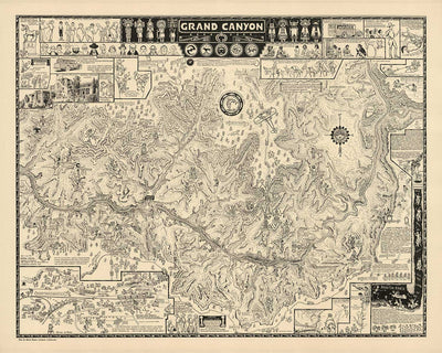Ancienne carte illustrée du Grand Canyon en 1931 par Jo Mora - Arizona, fleuve Colorado, Horseshoe Bend, Amérindiens