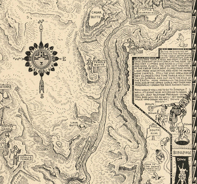 Ancienne carte illustrée du Grand Canyon en 1931 par Jo Mora - Arizona, fleuve Colorado, Horseshoe Bend, Amérindiens