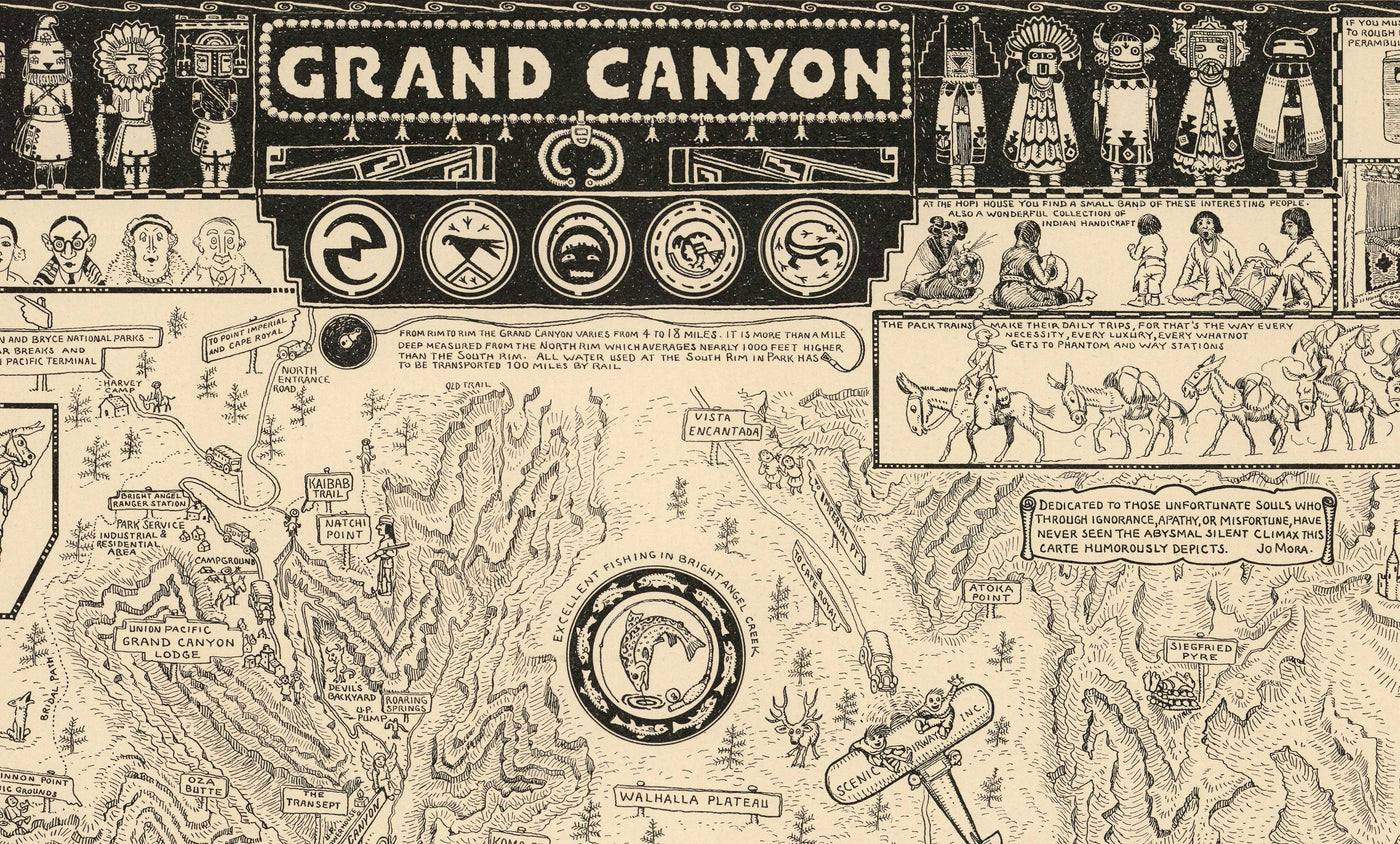 Ancienne carte illustrée du Grand Canyon en 1931 par Jo Mora - Arizona, fleuve Colorado, Horseshoe Bend, Amérindiens