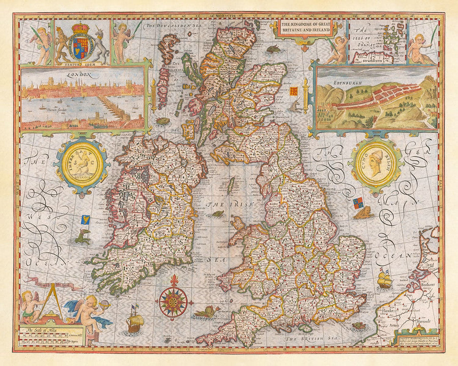 Mappa antica delle Isole Britanniche del 1611 di John Speed - Regno Unito, Inghilterra, Scozia, Galles, Irlanda 
