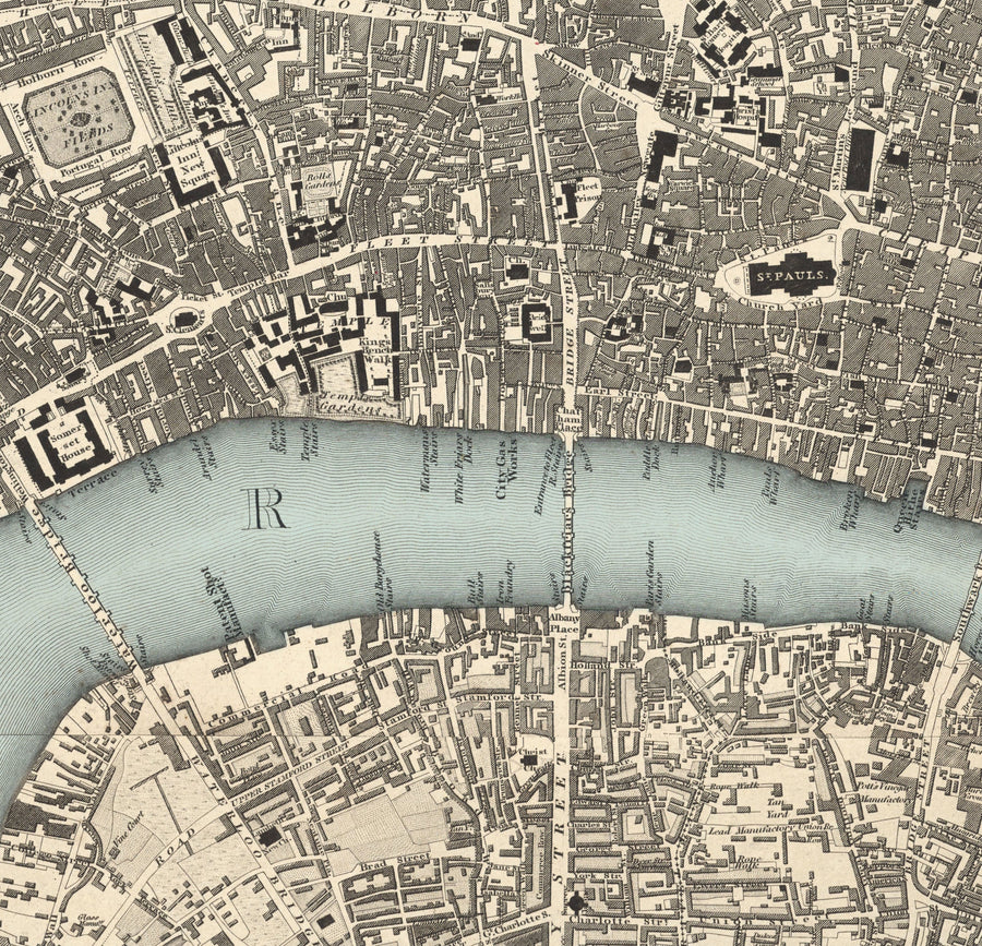 Grande Mappa Antica di Londra di C&J Greenwood, 1830 - Monocromatica con Unico Tamigi Blu 