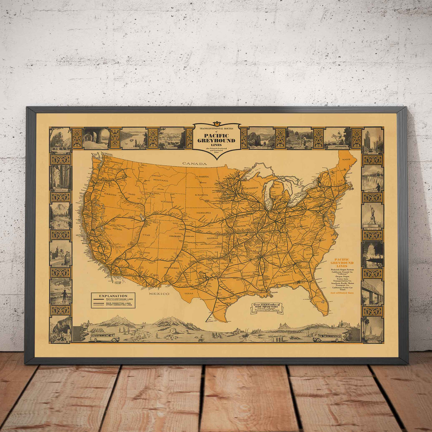 Antiguo mapa de Greyhound Lines, EE.UU., 1935 - Líneas de autobuses interurbanos del Pacífico y principales - ¡Más de 35.000 millas de carreteras escénicas!