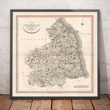 Antiguo mapa de Northumberland en 1801 por John Cary - Newcastle, Belford, Hexham, Haltwhistle, Durham