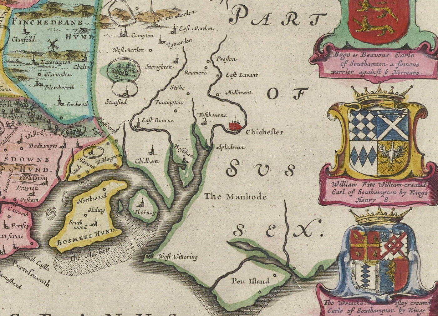 Old Map of Hampshire, 1665 by Joan Blaeu - Winchester, Portsmouth, Southampton, Basingstoke, Farnborough, Havant