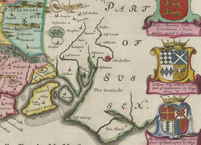 Old Map of Hampshire, 1665 by Joan Blaeu - Winchester, Portsmouth, Southampton, Basingstoke, Farnborough, Havant