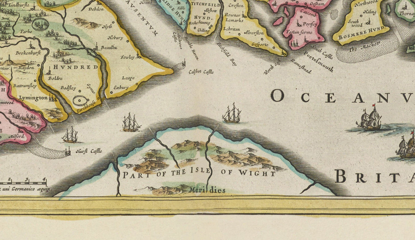 Old Map of Hampshire, 1665 by Joan Blaeu - Winchester, Portsmouth, Southampton, Basingstoke, Farnborough, Havant