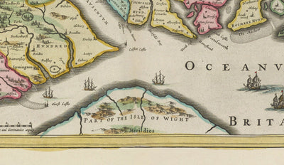 Old Map of Hampshire, 1665 by Joan Blaeu - Winchester, Portsmouth, Southampton, Basingstoke, Farnborough, Havant