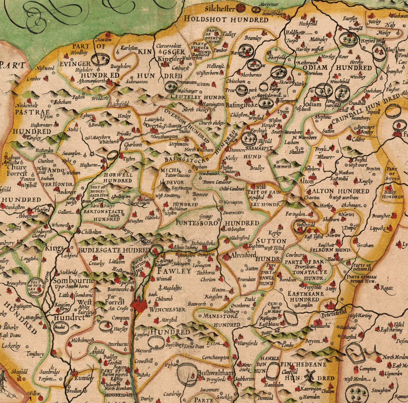 Old Map of Hampshire, 1611 by John Speed -  Winchester, Portsmouth, Southampton, Basingstoke