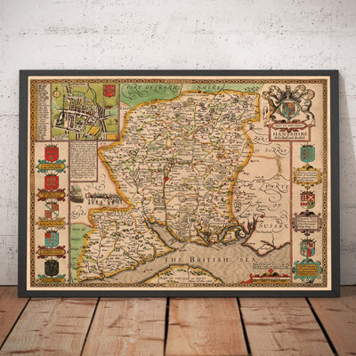 Old Map of Hampshire, 1611 by John Speed -  Winchester, Portsmouth, Southampton, Basingstoke