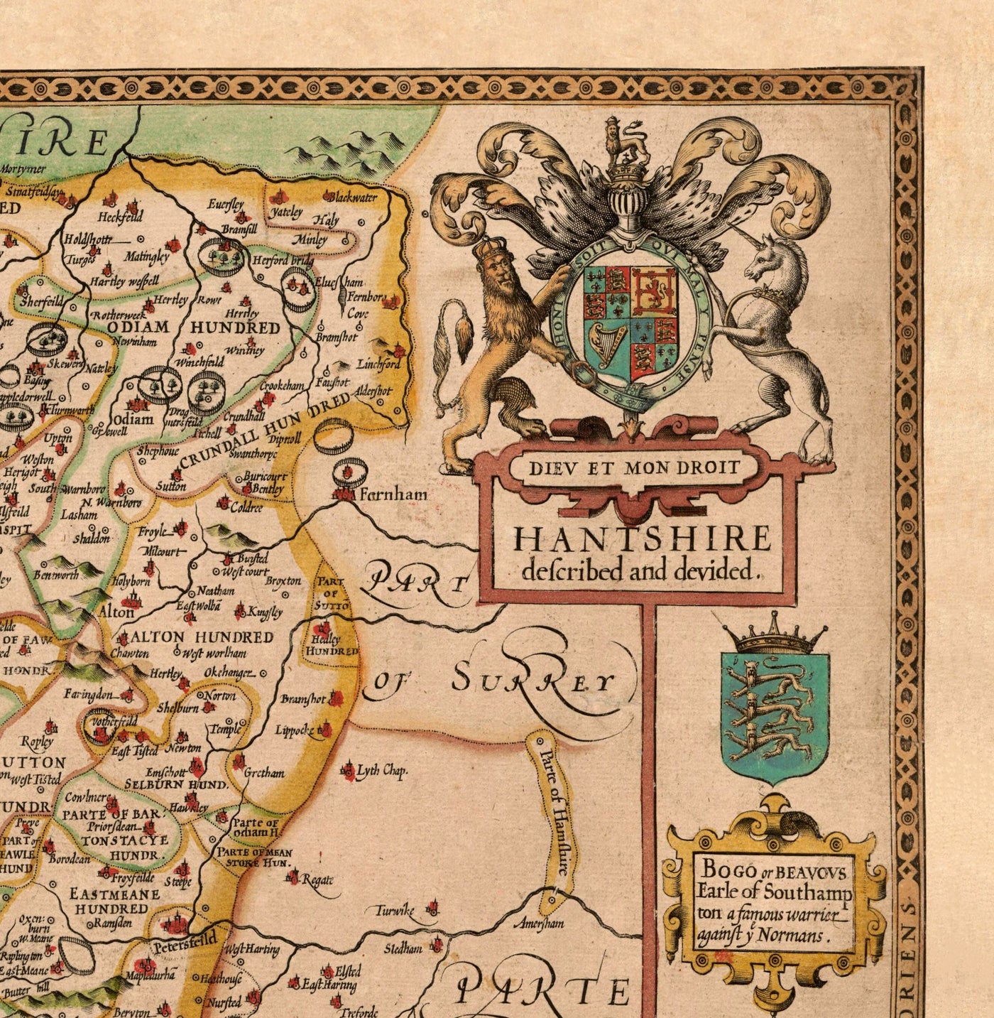 Old Map of Hampshire, 1611 by John Speed -  Winchester, Portsmouth, Southampton, Basingstoke