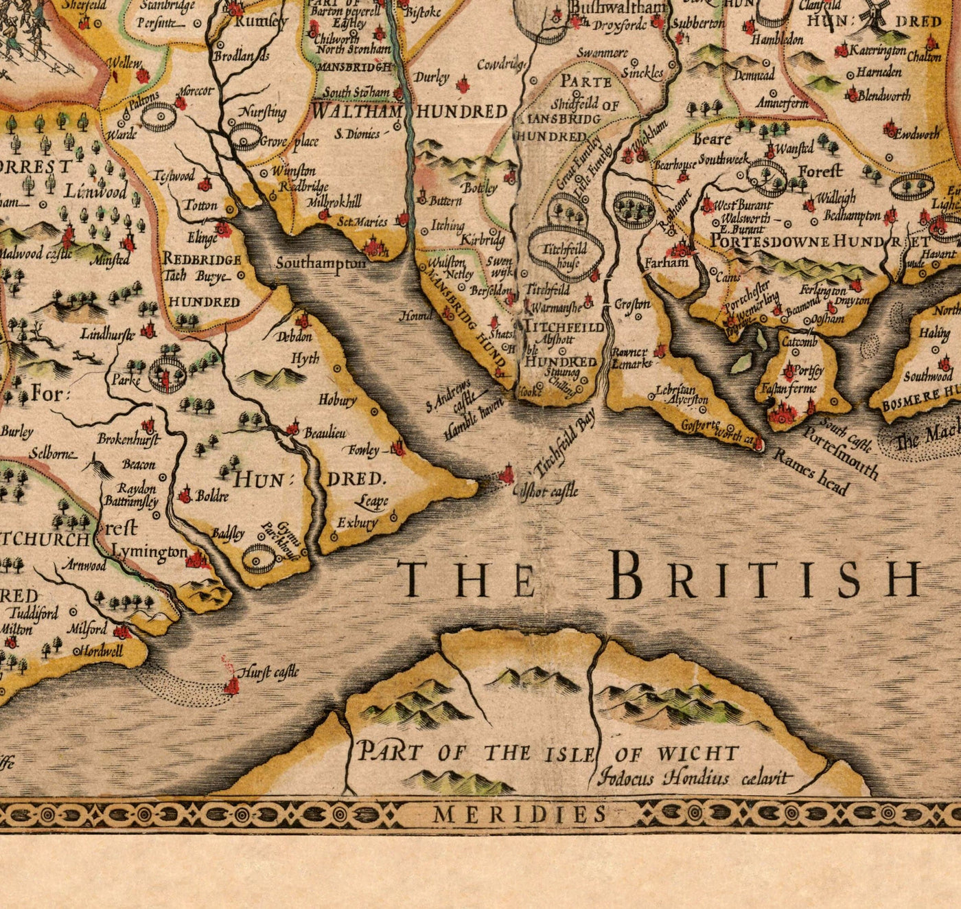 Old Map of Hampshire, 1611 by John Speed -  Winchester, Portsmouth, Southampton, Basingstoke