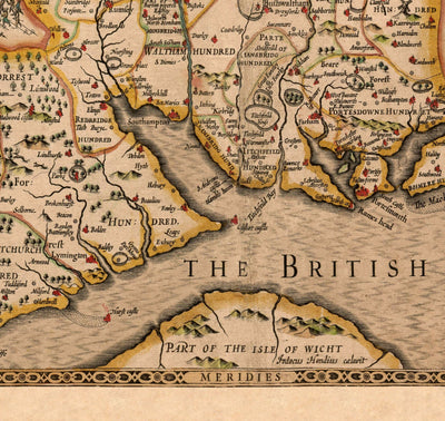 Old Map of Hampshire, 1611 by John Speed -  Winchester, Portsmouth, Southampton, Basingstoke