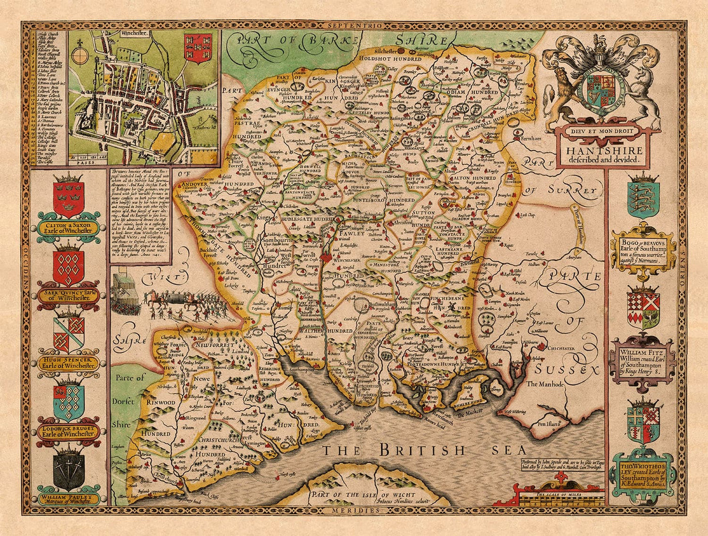 Old Map of Hampshire, 1611 by John Speed -  Winchester, Portsmouth, Southampton, Basingstoke