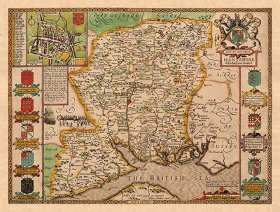 Old Map of Hampshire, 1611 by John Speed -  Winchester, Portsmouth, Southampton, Basingstoke