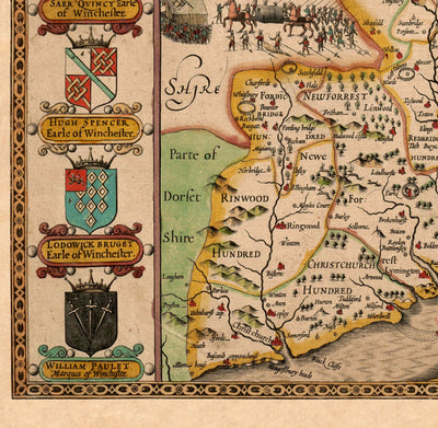 Old Map of Hampshire, 1611 by John Speed -  Winchester, Portsmouth, Southampton, Basingstoke
