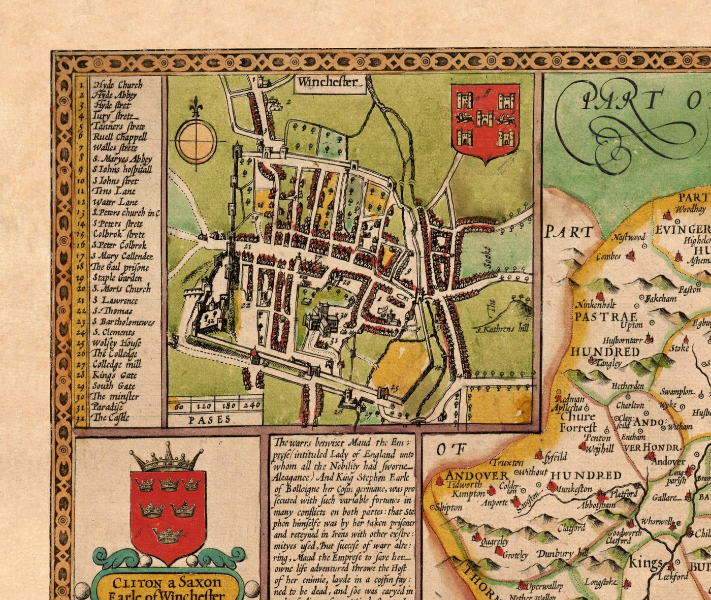 Old Map of Hampshire, 1611 by John Speed -  Winchester, Portsmouth, Southampton, Basingstoke