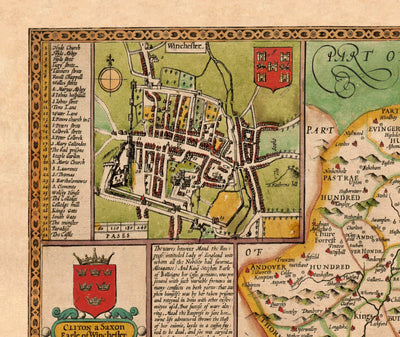 Old Map of Hampshire, 1611 by John Speed -  Winchester, Portsmouth, Southampton, Basingstoke