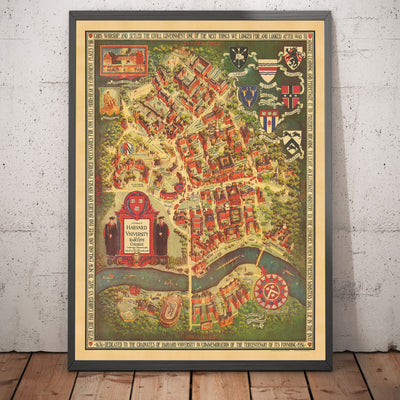 Alte Karte der Harvard-Universität & Radcliffe, 1935 von Schruers - Campus, Hauswappen, Charles River 