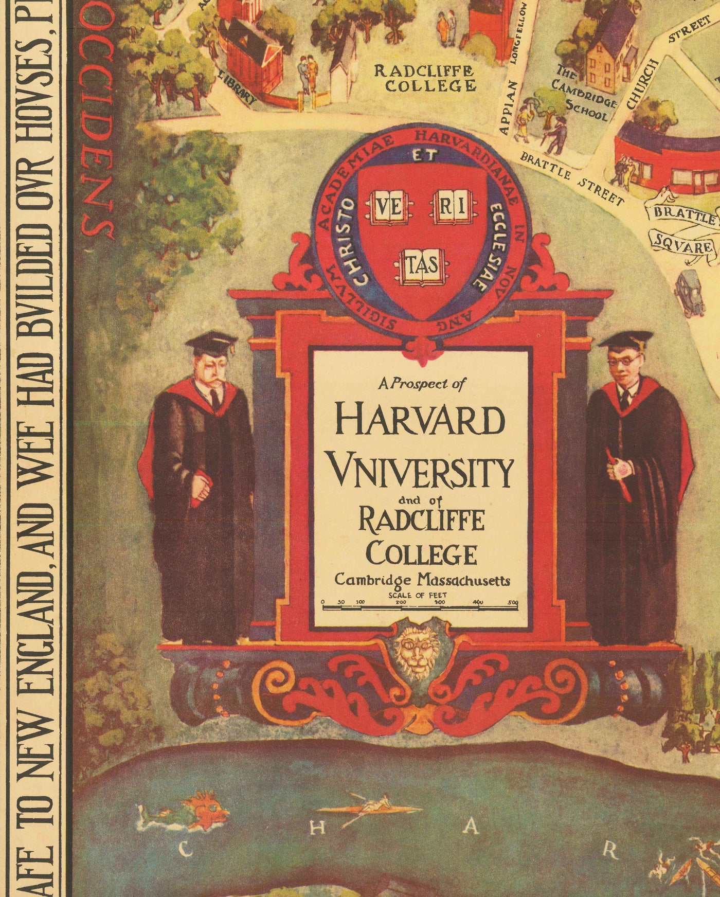 Alte Karte der Harvard-Universität & Radcliffe, 1935 von Schruers - Campus, Hauswappen, Charles River 