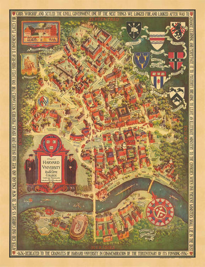 Alte Karte der Harvard-Universität & Radcliffe, 1935 von Schruers - Campus, Hauswappen, Charles River 