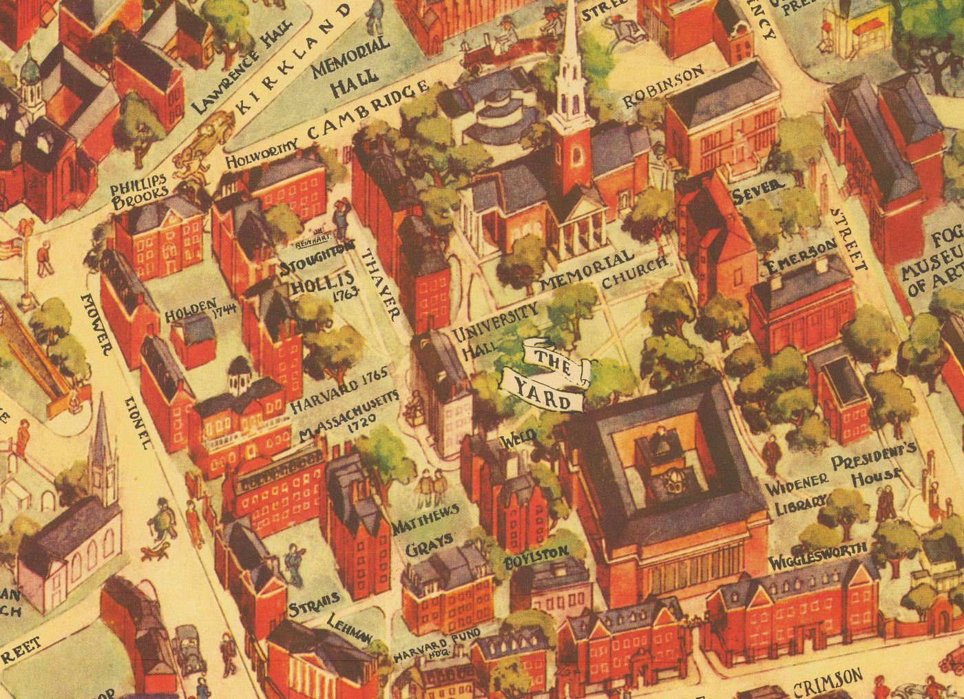 Alte Karte der Harvard-Universität & Radcliffe, 1935 von Schruers - Campus, Hauswappen, Charles River 