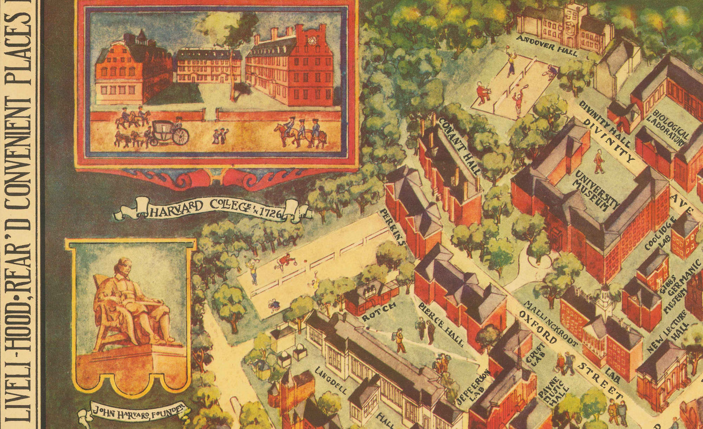 Alte Karte der Harvard-Universität & Radcliffe, 1935 von Schruers - Campus, Hauswappen, Charles River 