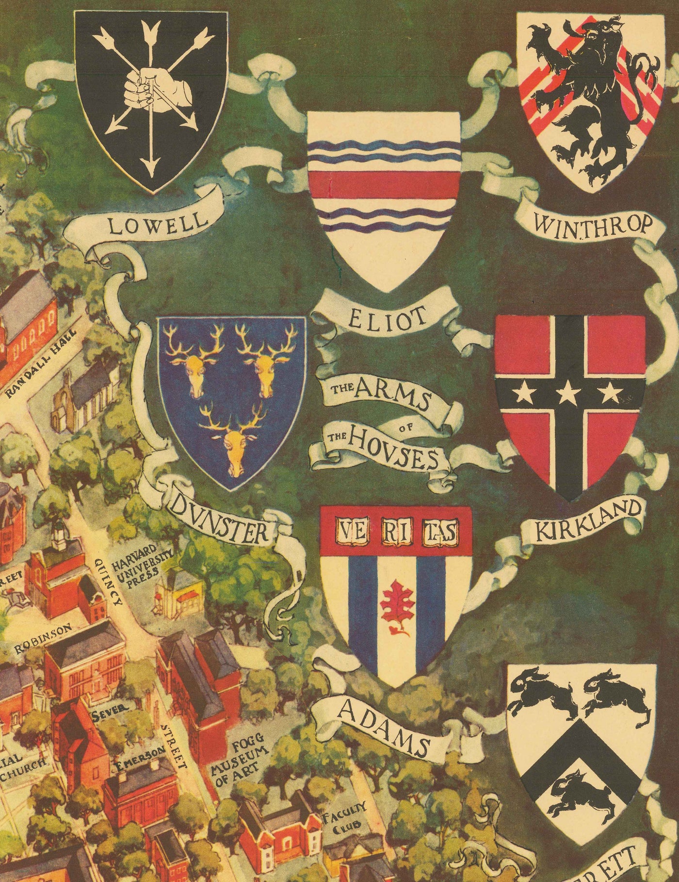 Alte Karte der Harvard-Universität & Radcliffe, 1935 von Schruers - Campus, Hauswappen, Charles River 