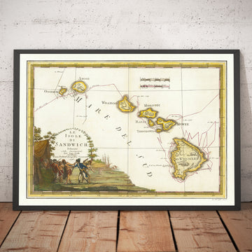 Mappa antica delle Hawaii nel 1785 di Giovanni Cassini - Isole Sandwich, Maui, O‘ahu, Honolulu, Oceano Pacifico 