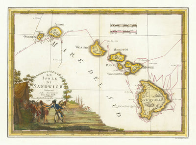 Old Map of Hawaii in 1785 by Giovanni Cassini - Sandwich Islands, Maui, O‘ahu, Honolulu, Pacific Ocean