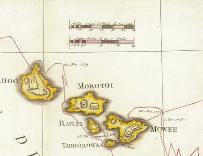 Old Map of Hawaii in 1785 by Giovanni Cassini - Sandwich Islands, Maui, O‘ahu, Honolulu, Pacific Ocean